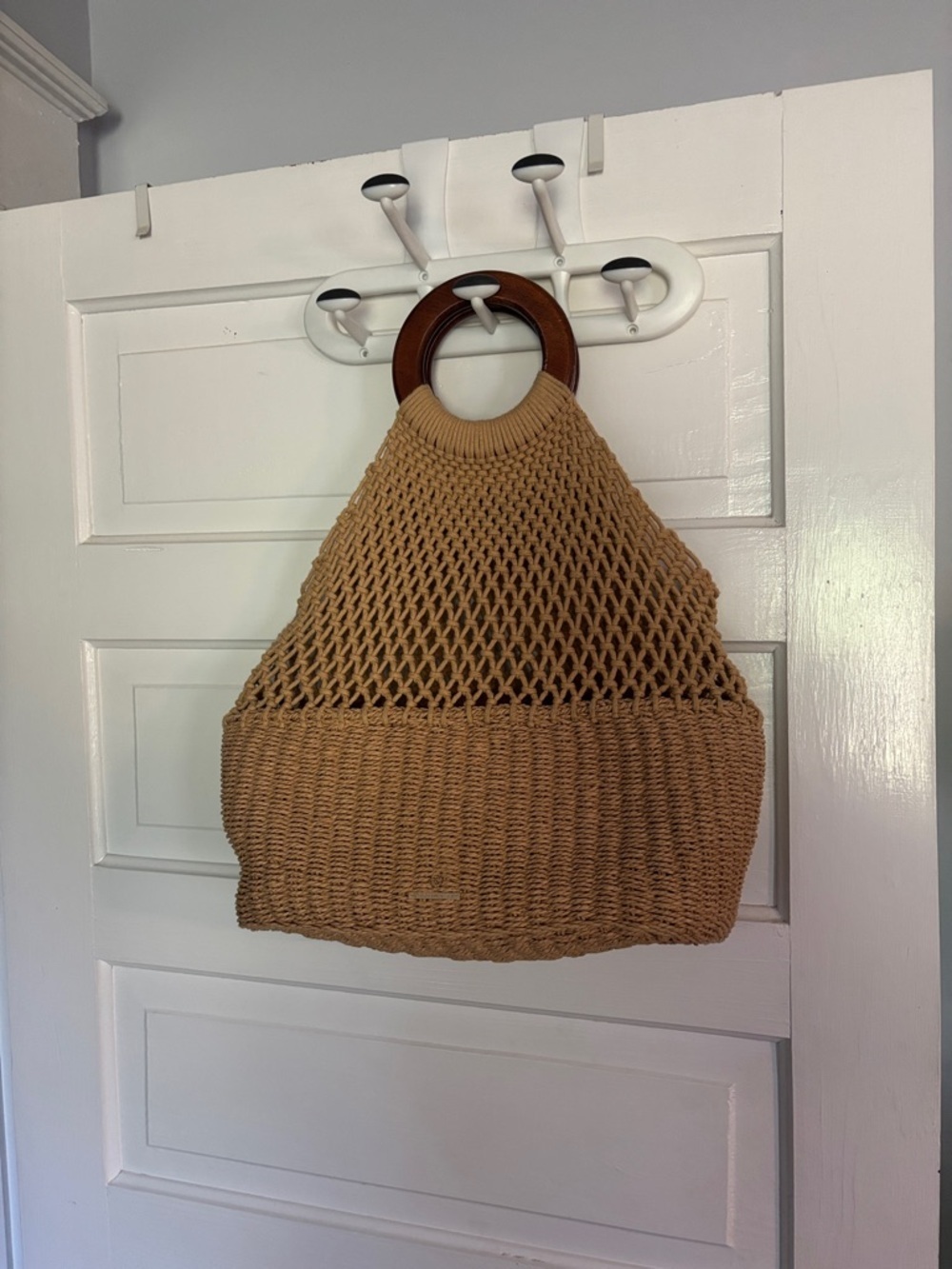 Woven Tan Tote Bag with Wooden Handles - Women Bags